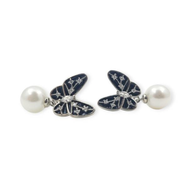 925 Sterling Silver Hanging Tops in Butterfly Shape with Black Colour and White Pearl